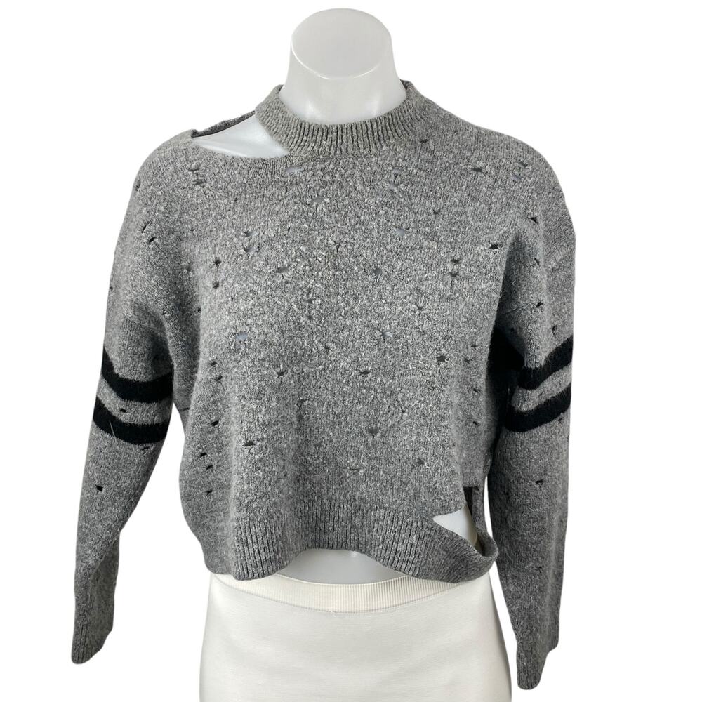 Topshop Nibbled Stripe Sleeve Women's Gray Distressed Crop Jumper Sweater Top 4